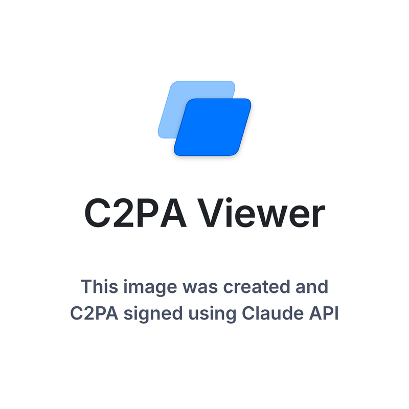 Sample image generated and C2PA signed by the Claude API, showing a two-square logo and the text C2PA Viewer, this image was created and C2PA signed using Claude API